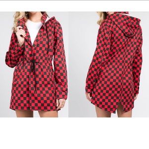 Checkered hooded zip/button drawstring jacket